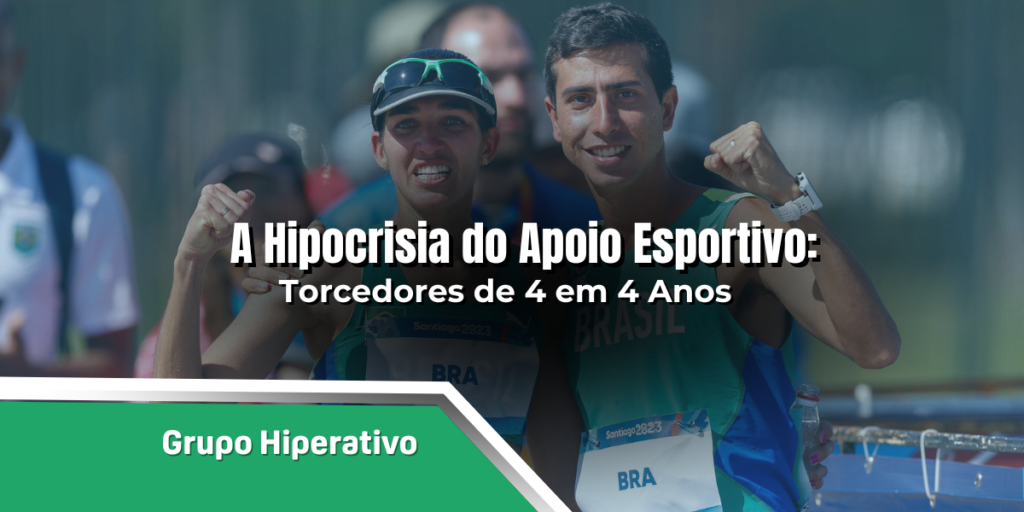 Dois atletas brasileiros, Caio Bonfim e um colega, celebram juntos após uma competição de marcha atlética, demonstrando espírito esportivo e conquista. A Hipocrisia do Apoio Esportivo