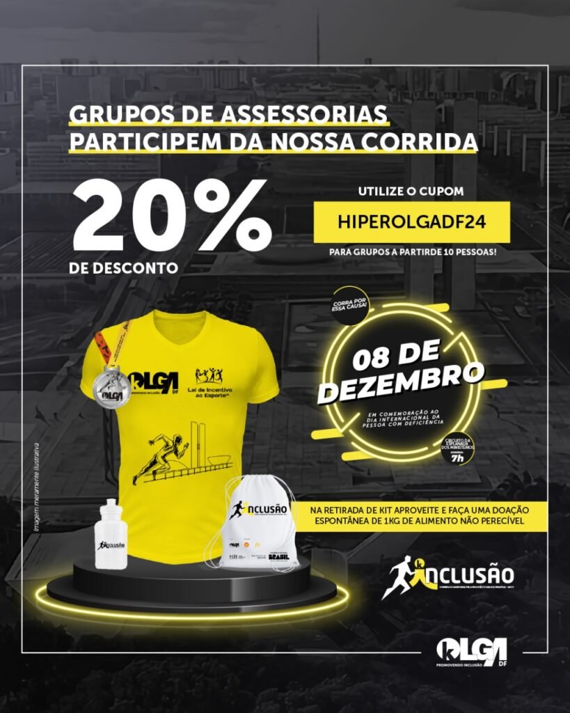 Imagem promocional para um evento de corrida em grupo. A imagem mostra uma camiseta amarela, uma medalha, uma mochila e uma garrafa de água. O texto oferece 20% de desconto para grupos de assessorias com o cupom HIPEROLGADF24. O evento ocorrerá no dia 8 de dezembro, em comemoração ao Dia Internacional da Pessoa com Deficiência, às 7h. A retirada do kit incentivará a doação de 1kg de alimento não perecível. A imagem apresenta o logo da OLGA, patrocinadora do evento.