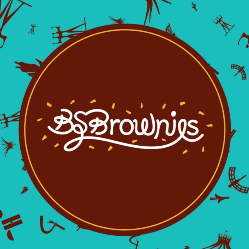 Logo marca da Bsbrownies contém as cores marrom, azul e amarelo.