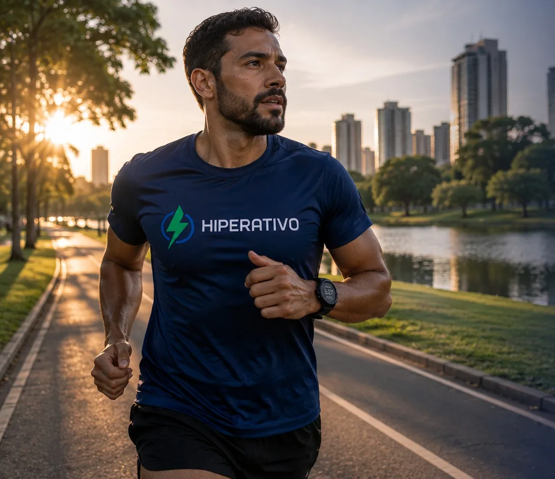 Corredor com camiseta Hiperativo correndo ao entardecer com skyline ao fundo