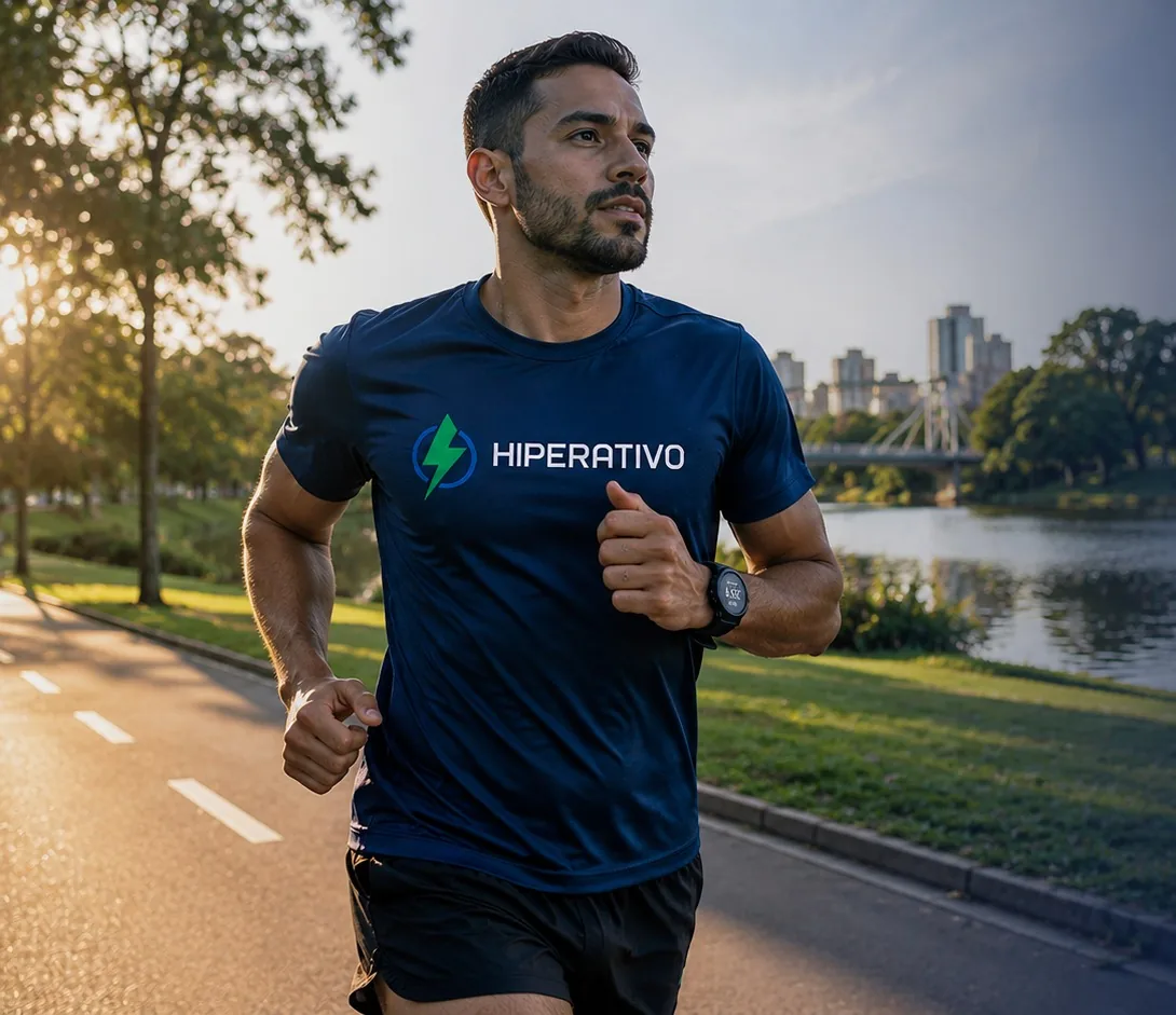 Homem com camiseta Hiperativo correndo em parque com ponte ao fundo, trilha 10K base