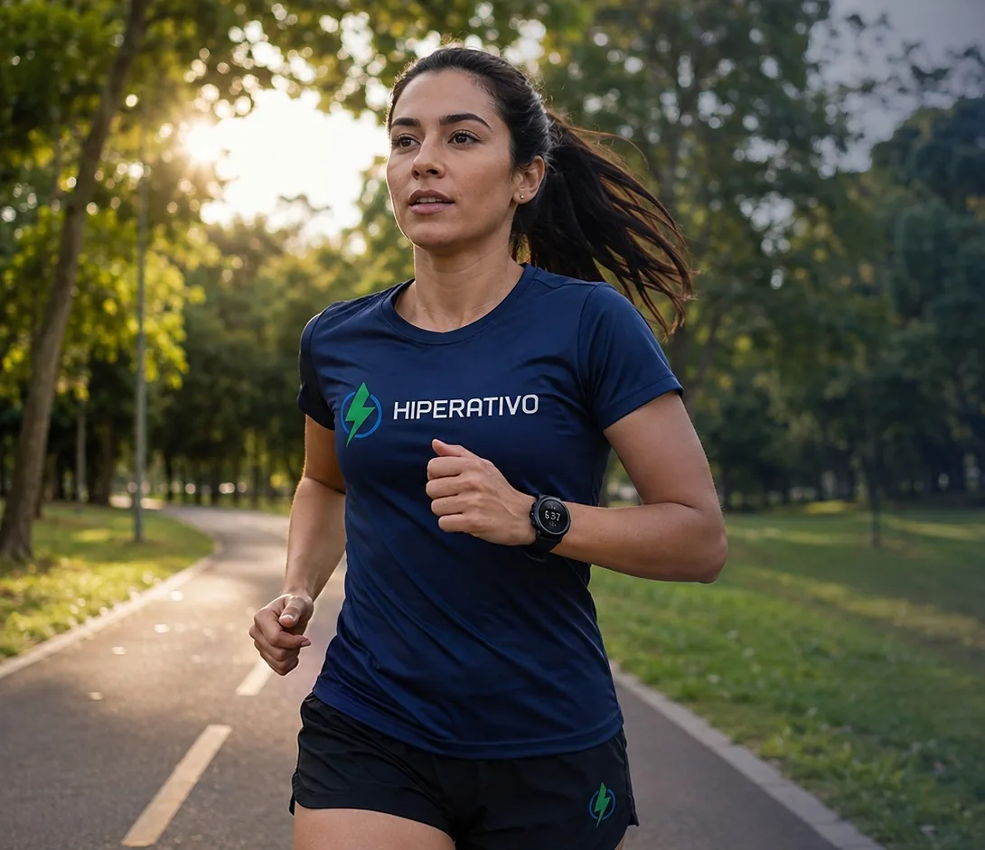 Mulher com camiseta Hiperativo correndo em via de parque, trilha 5K