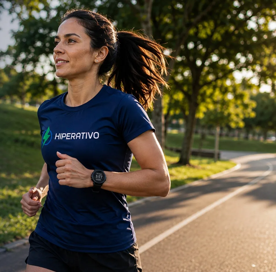 Mulher com camiseta Hiperativo correndo em parque, trilha para iniciantes